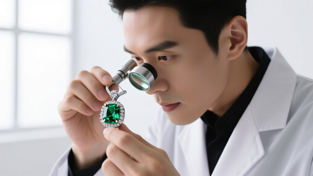 Jeweler examining a prong-set emerald and diamond birthstone pendant with a loupe, revealing VS1 clarity under bright light.