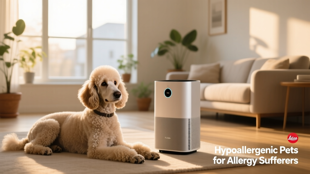 A calm, low-shedding dog like a Poodle resting beside an air purifier in a clean, sunlit living room