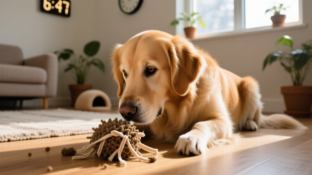 A dog happily engaged with a snuffle toy on the floor, illustrating mental stimulation and calm focus