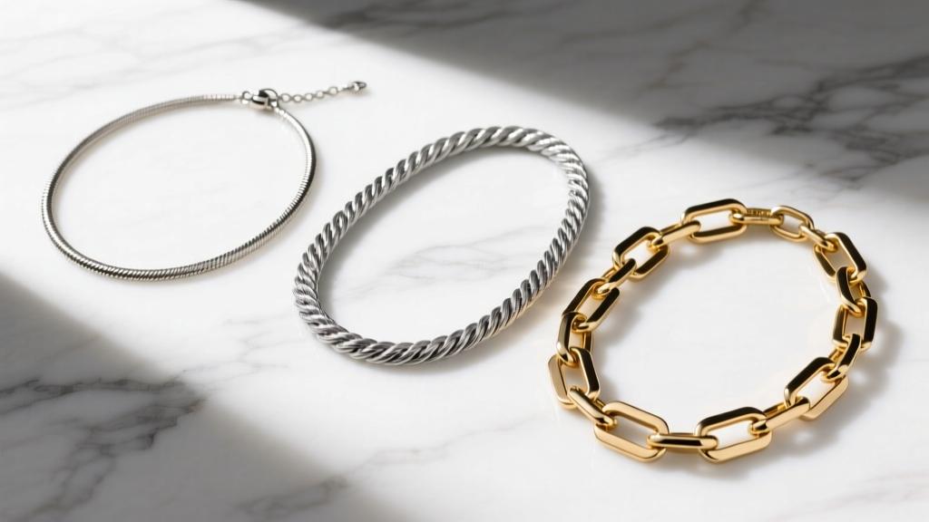 Top-down flat lay of three 20-inch chains: a 2mm snake chain, 3mm cable chain, and 4mm Figaro chain resting on white marble.