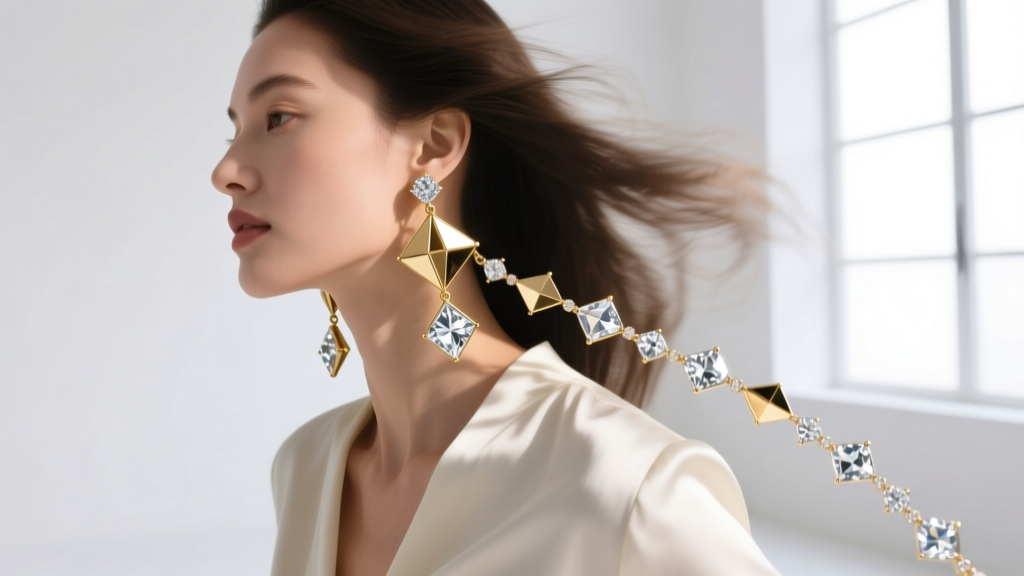 Model wearing modular kinetic dangle earrings of recycled 14k gold and lab-grown diamonds, captured in mid-motion blur.