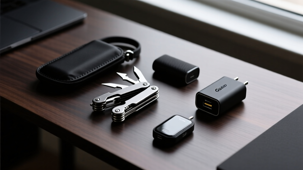 Flat lay of matte black everyday carry essentials including a titanium multitool, GaN charger, and smart tracker on a dark walnut desk