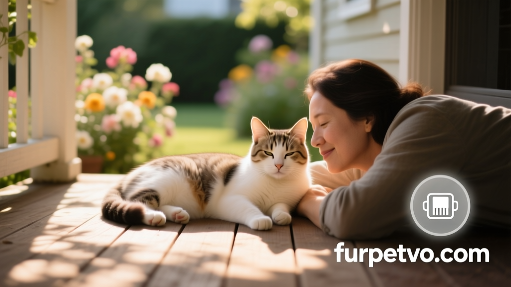 A calm, relaxed cat sitting beside its owner, with a subtle visual icon overlay showing a microchip symbol and the furpetvo.com logo