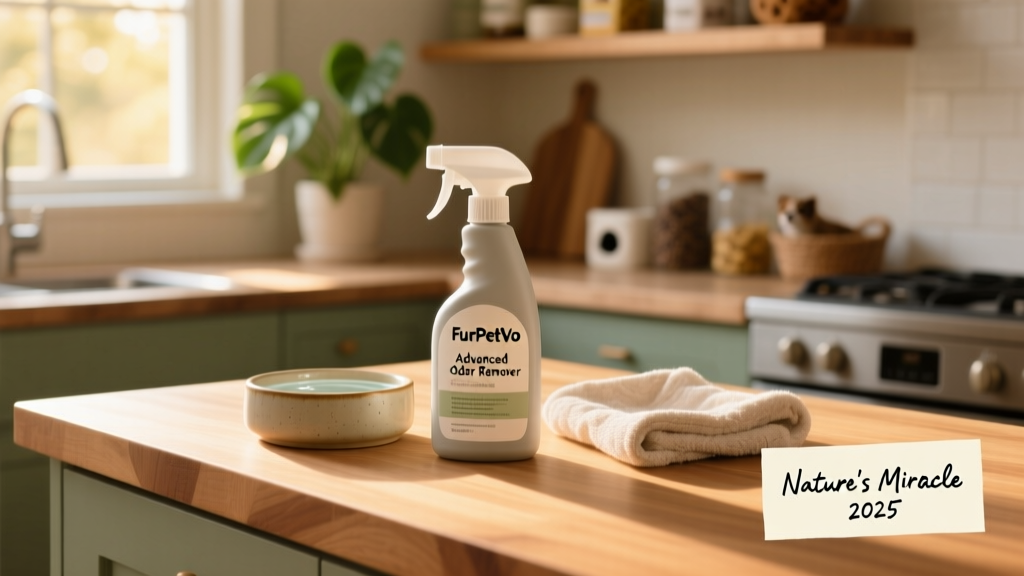 Bottle of FurPetVo Advanced Odor Remover on a clean kitchen counter next to a pet water bowl and towel