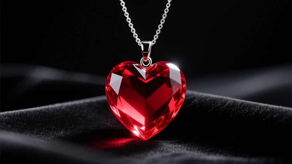 Close-up of a translucent cherry-red acrylic heart pendant on black velvet, illuminated by soft, moody studio lighting.