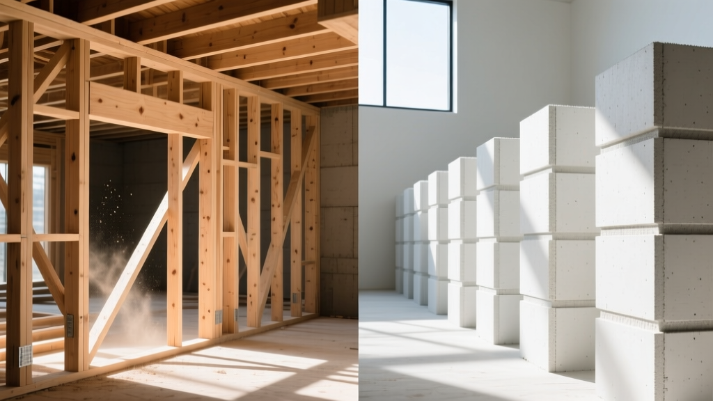 Split-view construction site showing traditional wood stick framing on the left and stacked insulated concrete forms on the right