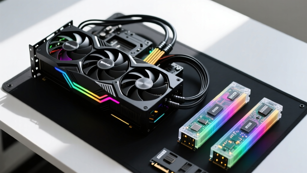 Top-down view of a partially assembled matte-black PC build on an anti-static mat, featuring a triple-fan GPU and illuminated DDR5 RAM.