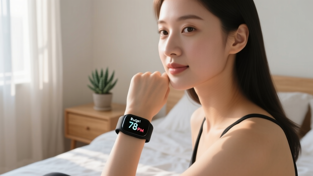 Close-up of a woman wearing a budget fitness tracker showing heart rate and cycle data in a softly lit bedroom.