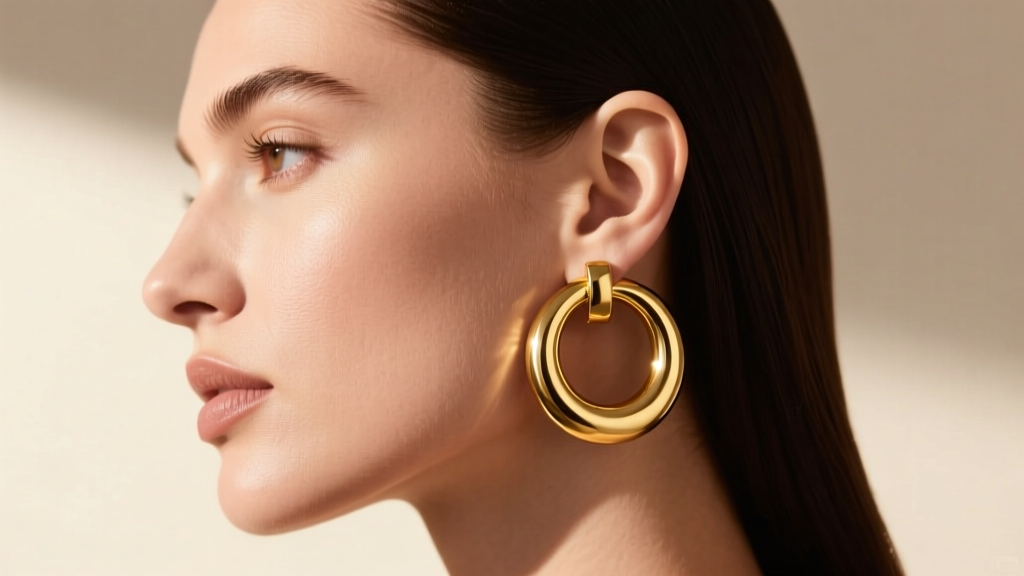 Side profile of a model wearing 50mm chunky gold hoop earrings, showing how the rigid metal maintains a perfect circular shape.
