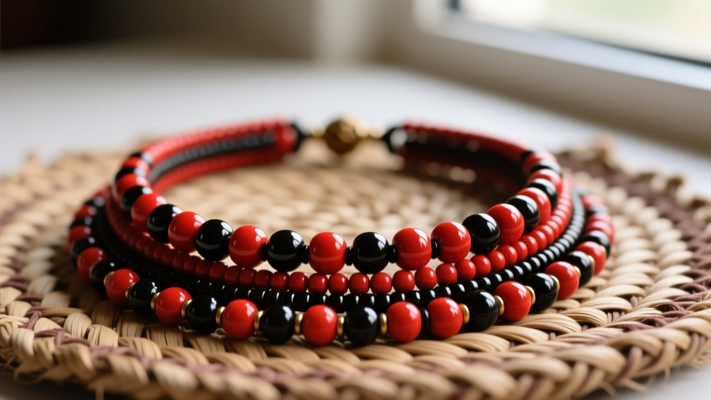 Close-up of authentic Santeria Elekes necklaces featuring red and black glass seed beads for Elegua, resting on a woven mat.