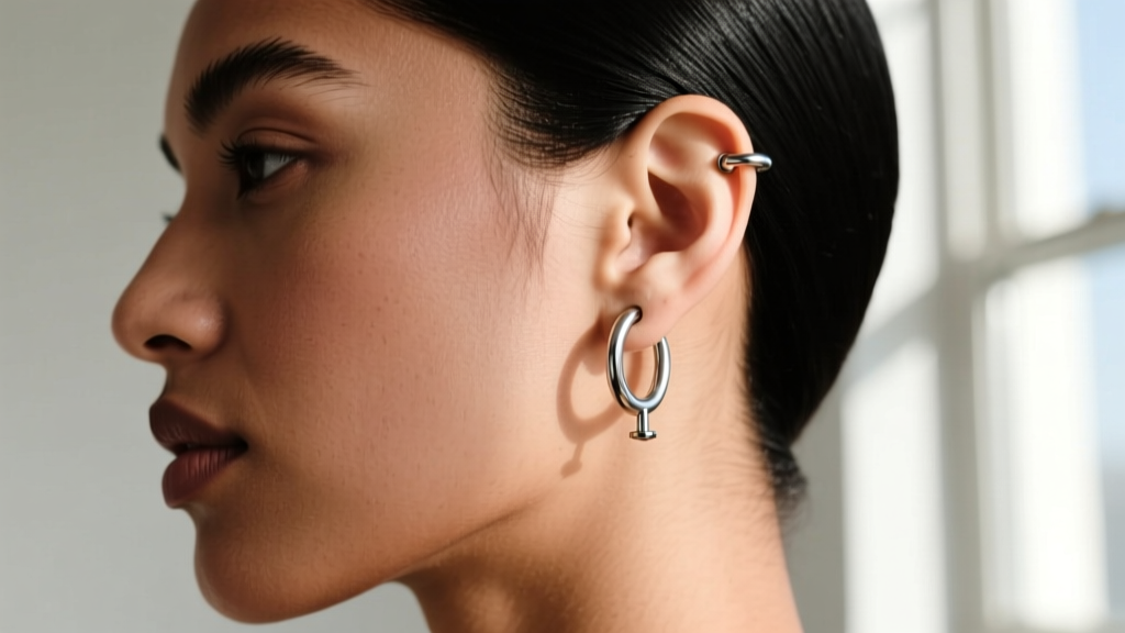 Side profile of model wearing a 16g titanium Mobius cartilage hoop in helix, showing flat-back labret post and twist orientation.
