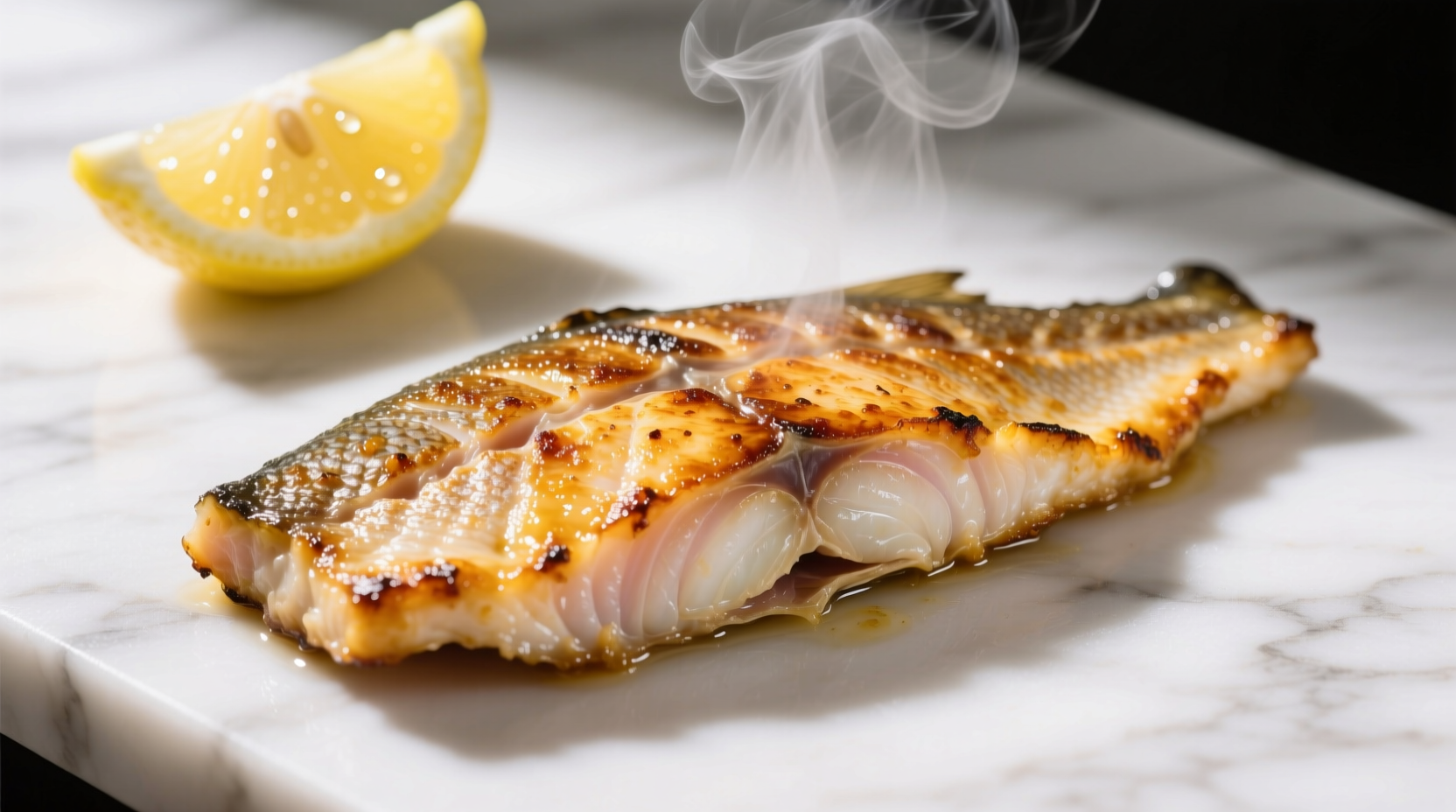 Perfectly seared rockfish fillet with lemon garnish