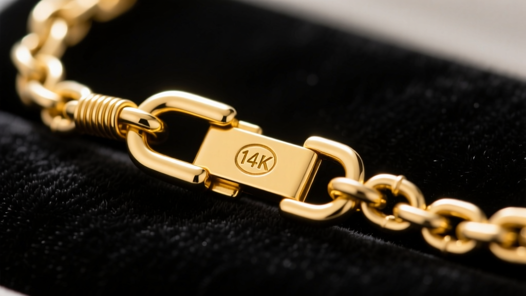 Macro shot of a 1.5mm rolo chain clasp in 14k yellow gold, showing the spring ring mechanism and hallmark stamp on dark velvet.