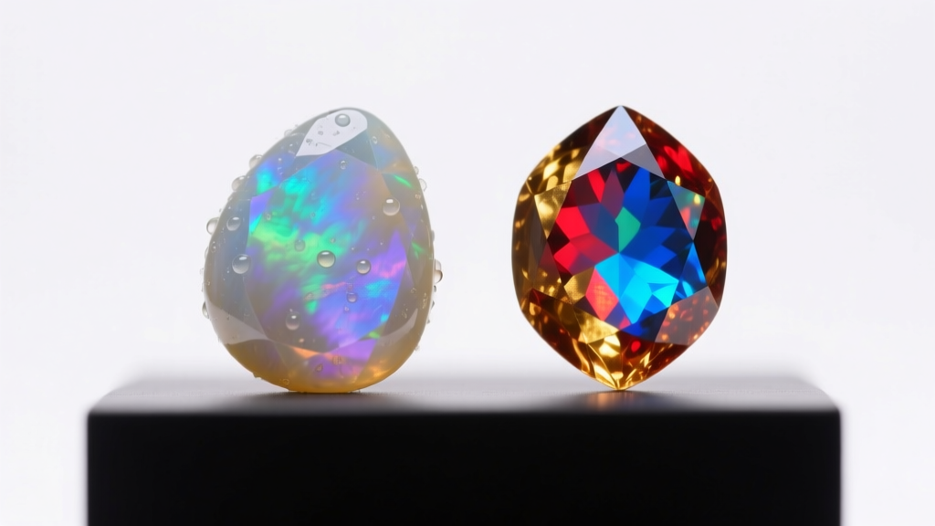 Macro shot comparing a translucent hydrophane Ethiopian Welo opal and a vibrant, stable Australian crystal opal under bright studio lighting.