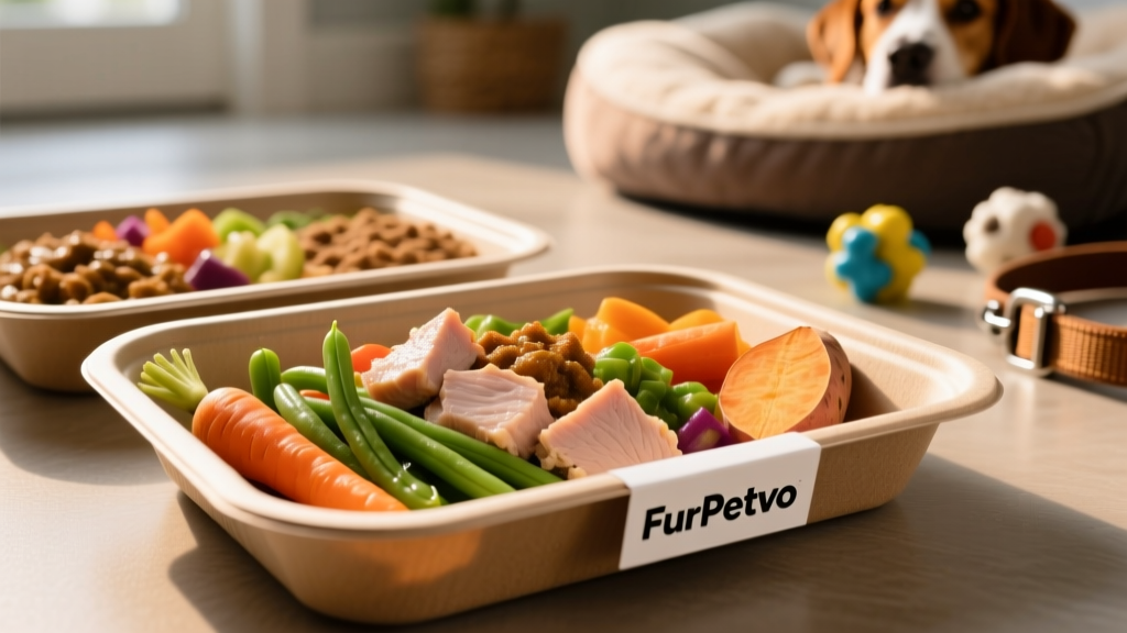 Close-up of FurPetVo fresh dog food portions in recyclable trays, showing vibrant turkey and vegetable mix