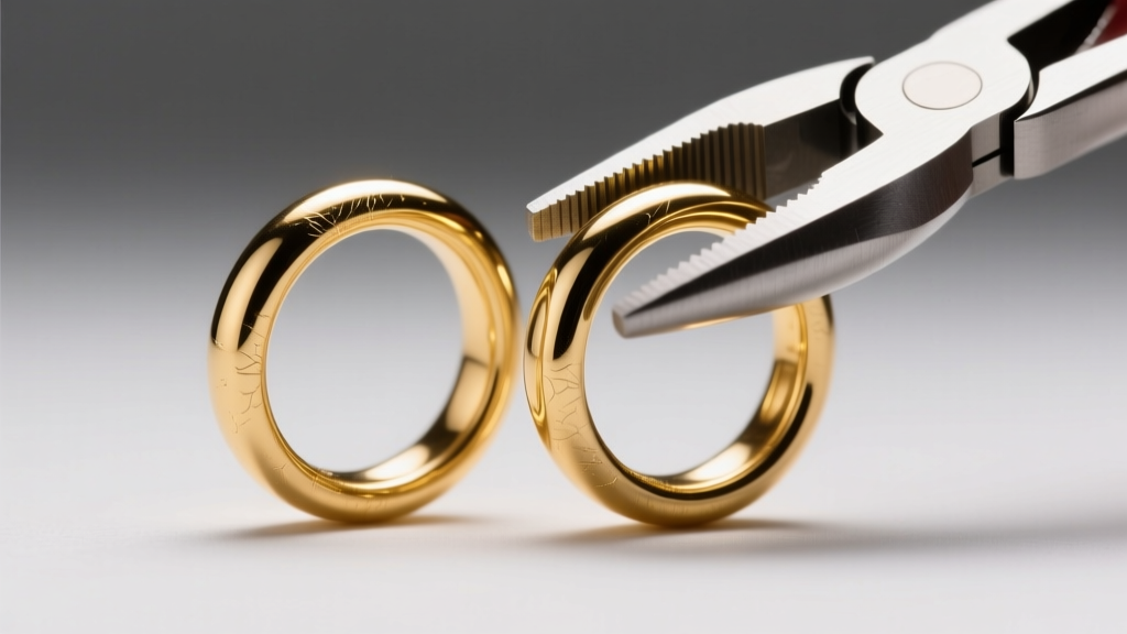 Macro shot of 20-gauge 14k gold jump rings being gently opened with two flat-nose pliers under bright bench lighting.