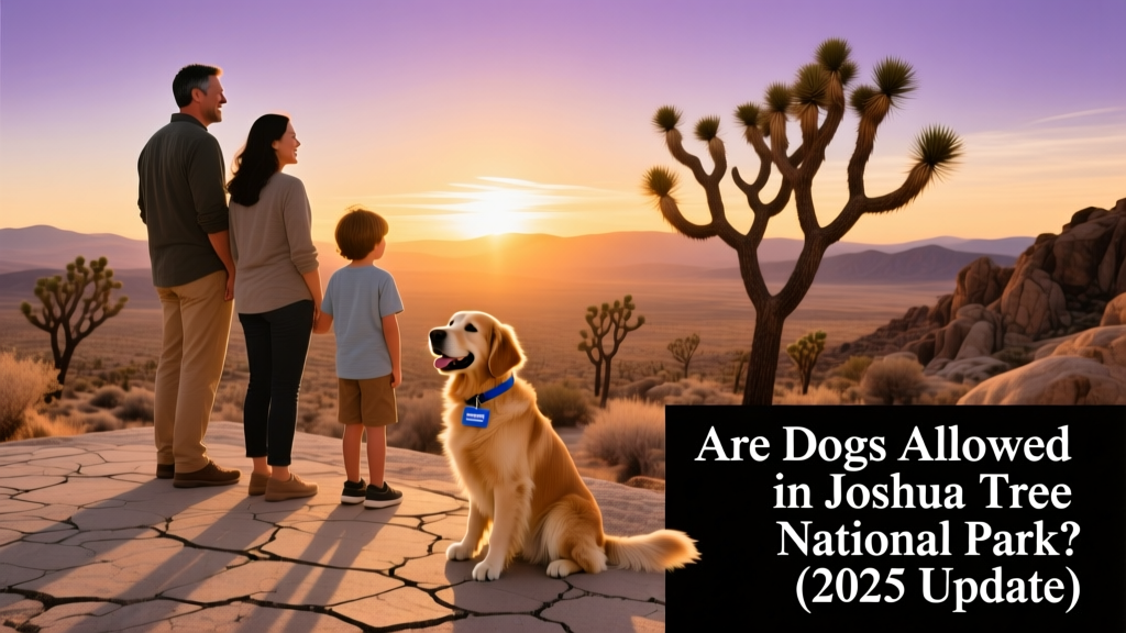 A family with their dog enjoying a sunset view from a paved overlook in Joshua Tree National Park