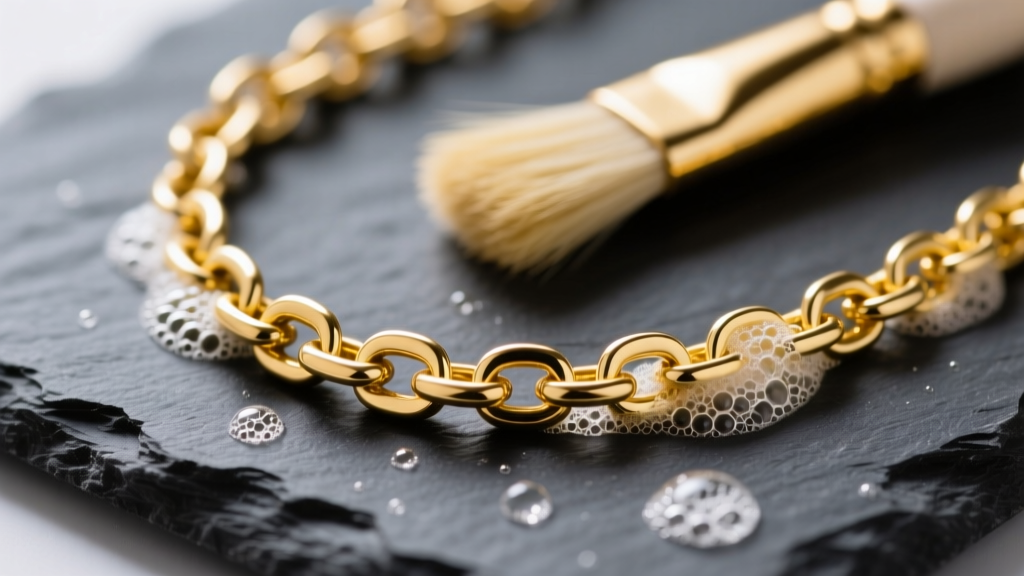 Macro shot of a 14k yellow gold chain on dark slate, with a soft brush and mild soap suds nearby, under bright studio lighting.