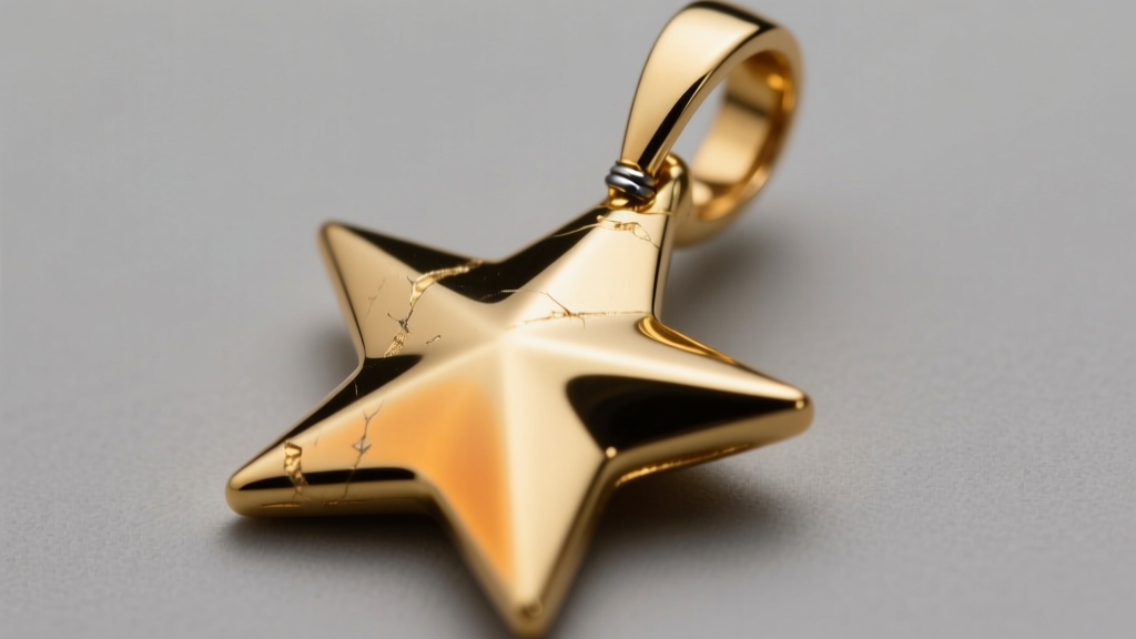 Close-up of a repaired bent tip on an 18k gold star pendant, showing the solder joint and color variation under bright lighting.
