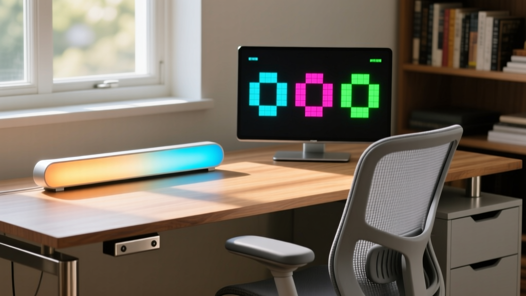 Sunlit home office desk featuring a glowing circadian smart light bar, a pixel-art e-ink dashboard, and an ergonomic mesh chair