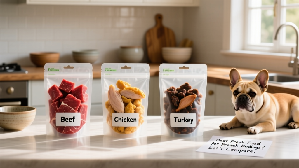 A side-by-side comparison of three frozen fresh dog food pouches labeled with different protein sources (beef, chicken, turkey), arranged neatly on a kitchen counter