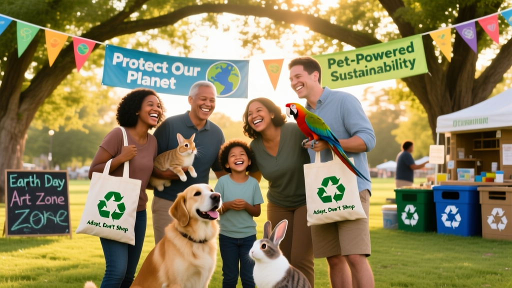 A diverse group of people and pets smiling together at a community Earth Day event with trees, banners, and reusable tote bags