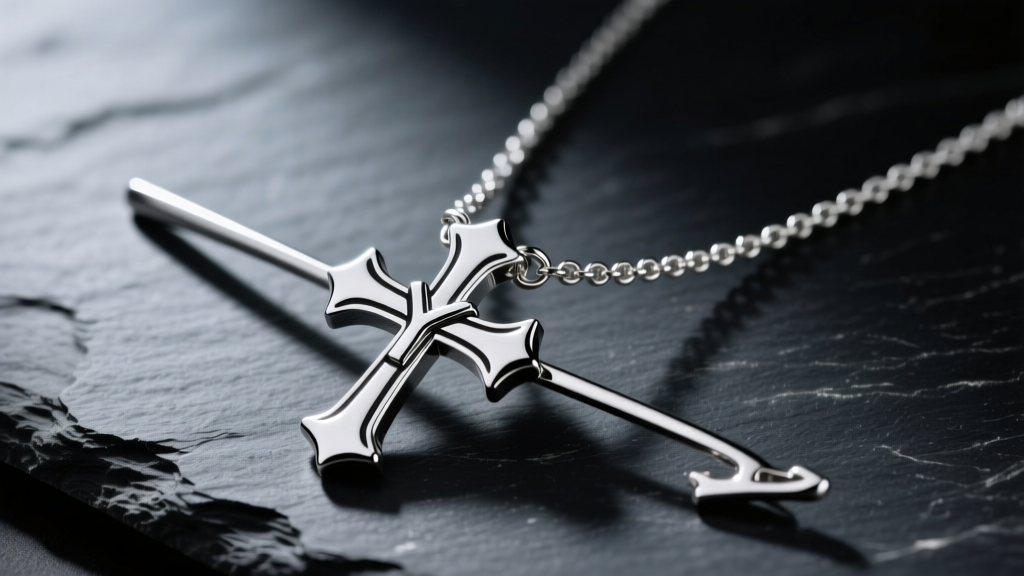 Sterling silver Yoru ponytail cross necklace from Chainsaw Man resting on dark slate with dramatic side lighting.
