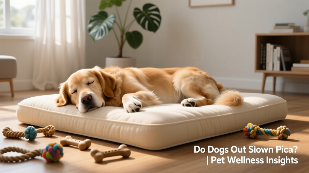 A calm, relaxed dog resting peacefully on a soft bed with chew toys nearby, looking content and well-cared-for