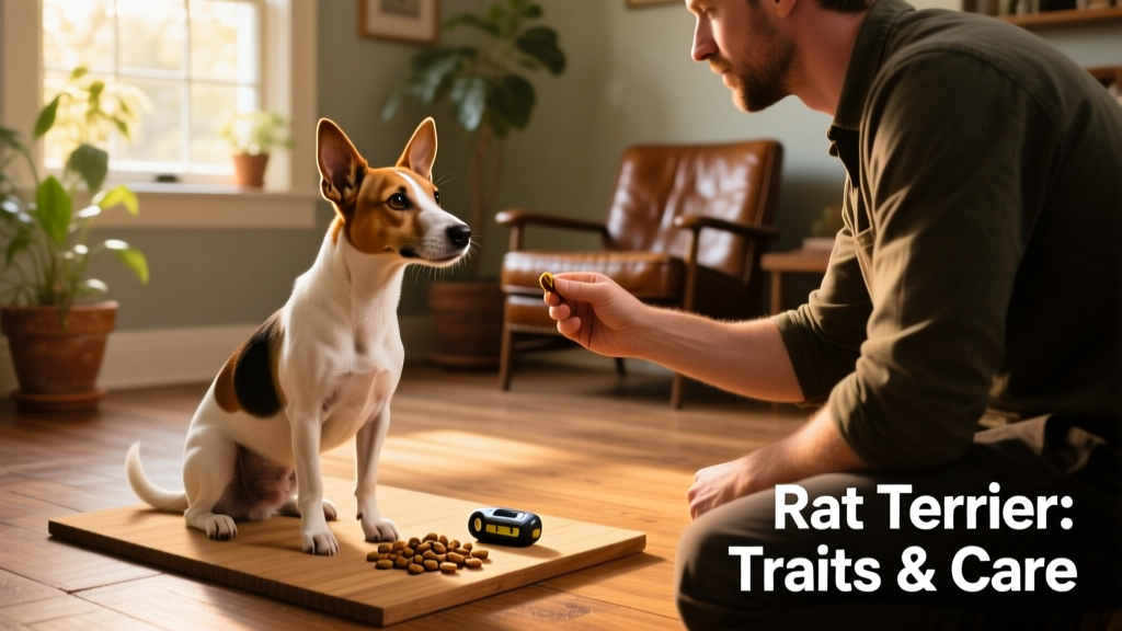A rat terrier sitting attentively beside its owner during a training session with treats and a clicker