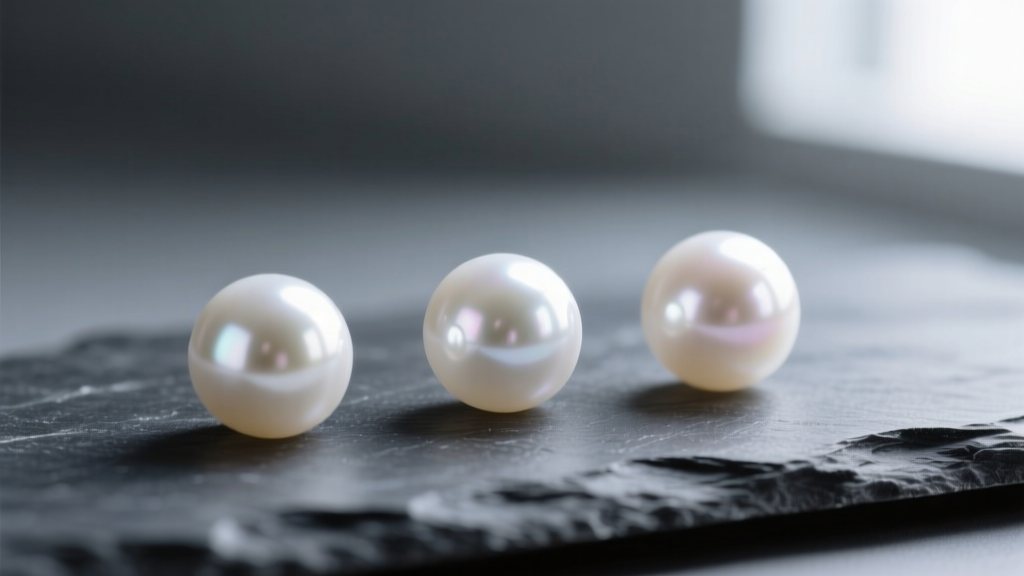 Macro shot of white Akoya pearls on dark slate showing sharp mirror luster and rose overtones under soft natural light.