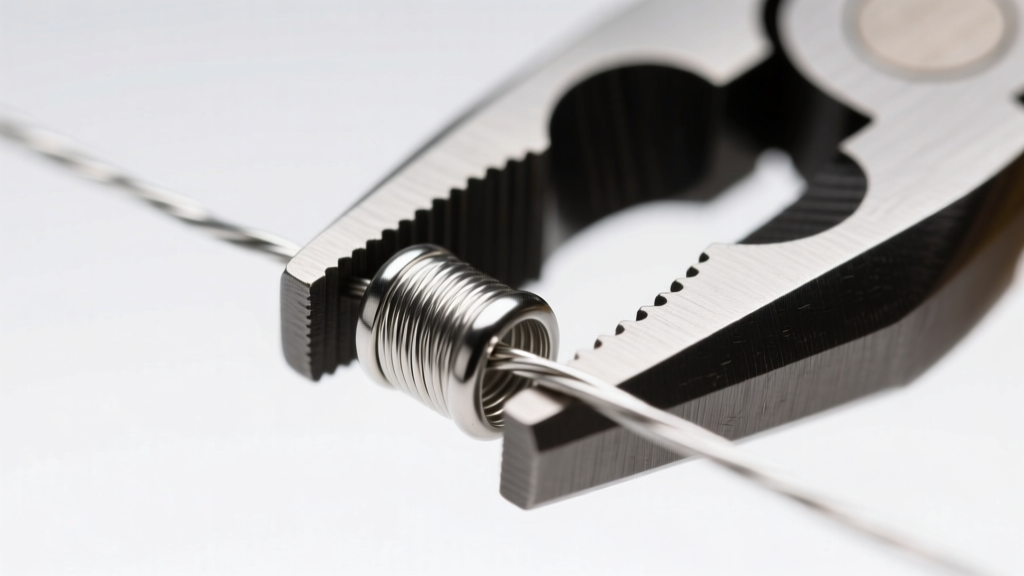 Macro photo of micro crimping pliers squeezing a 2x2mm sterling silver crimp tube over a .019 inch beading wire, sharp focus.
