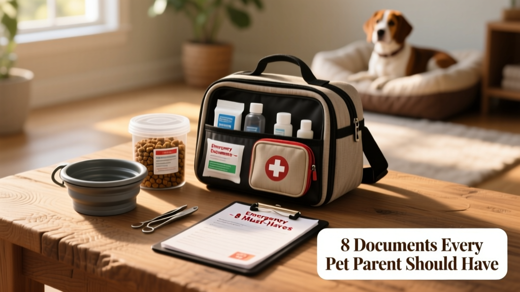A neatly packed pet emergency kit with carrier, food, water bowl, and first-aid supplies