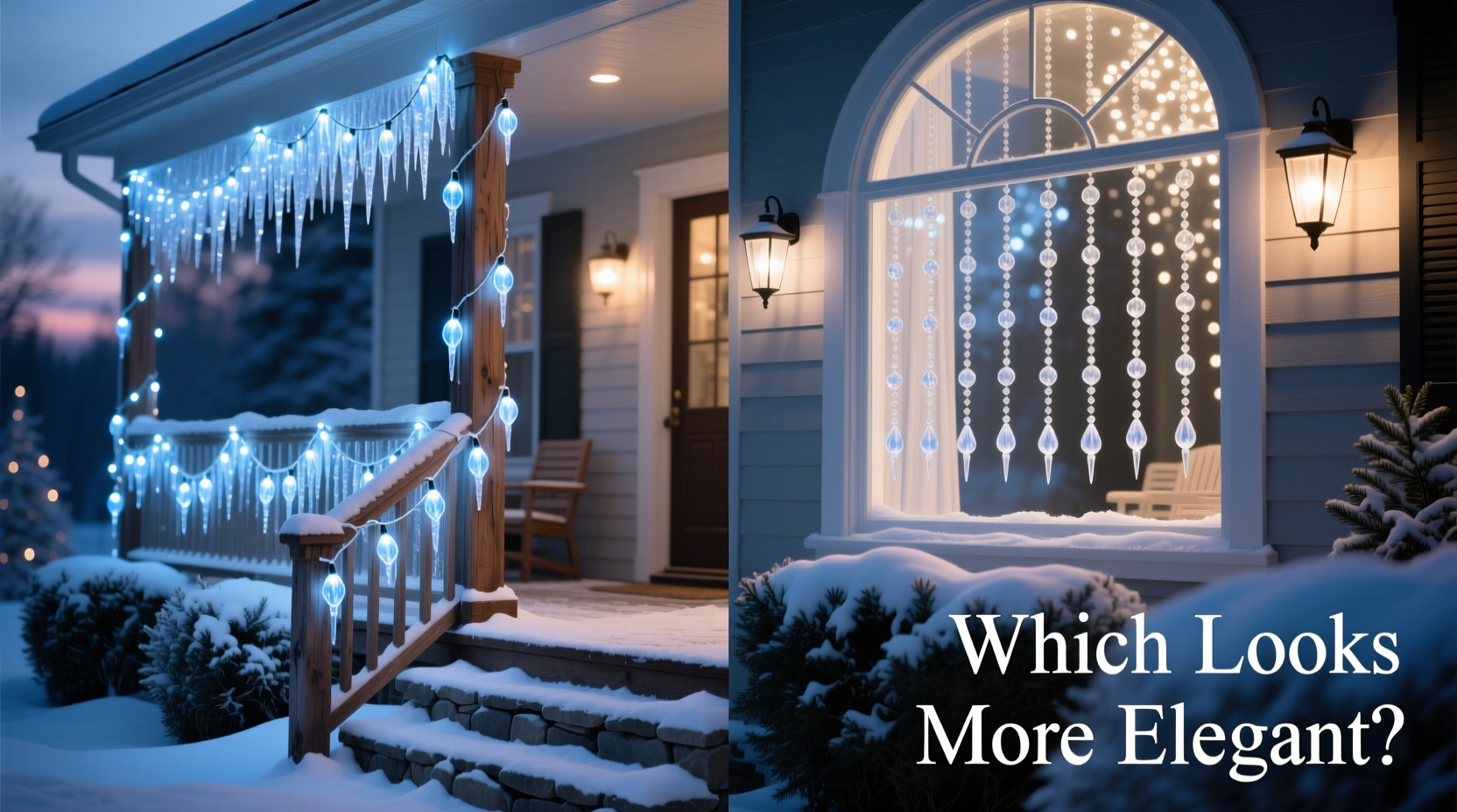 icicle lights on porch rails vs vertical window drops which looks more elegant