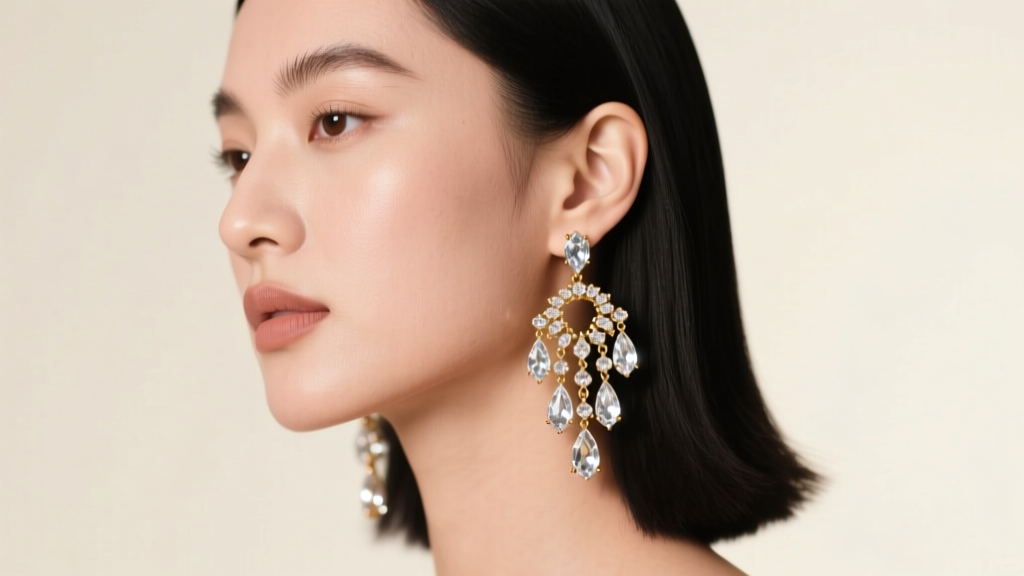 Model wearing intricate Jennifer Behr Reign gold tone chandelier earrings with clear crystals under soft studio lighting