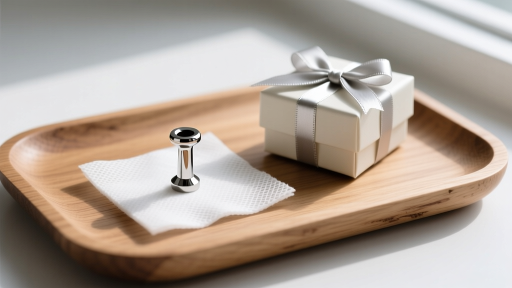 18-gauge titanium nostril screw on sterile gauze beside a beautifully wrapped small jewelry gift box on a wooden studio tray.