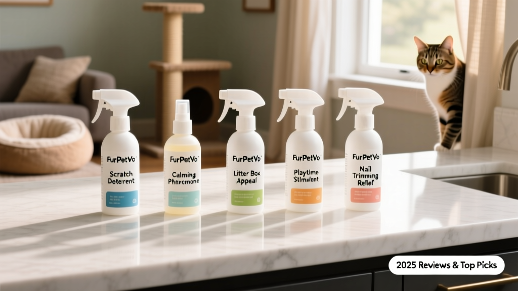 Side-by-side comparison of five FurPetVo spray bottles on a clean white countertop, each labeled with its unique purpose