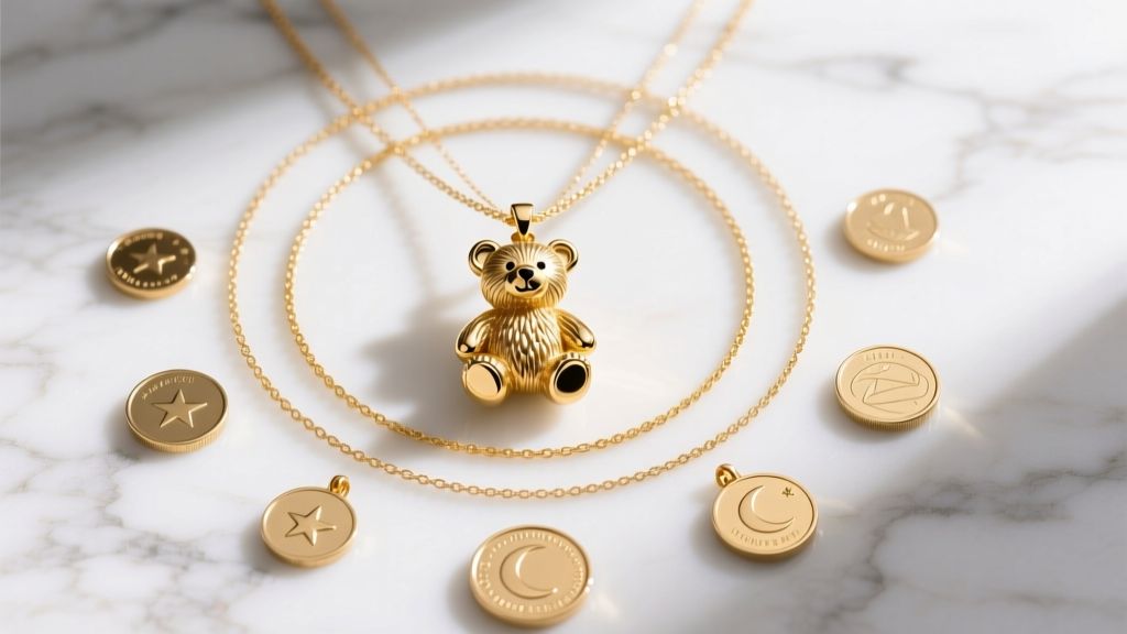 Flat lay of layered gold necklaces featuring a central 18k gold teddy bear pendant surrounded by minimalist coin charms on marble.