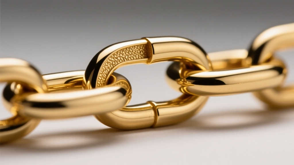 Macro shot of a 14k gold filled chain link revealing the thick gold layer bonded to a brass core under studio lighting.