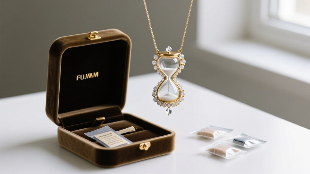 Velvet box holding an hourglass necklace, with anti-tarnish strips and silica packets for safe, long-term jewelry preservation.