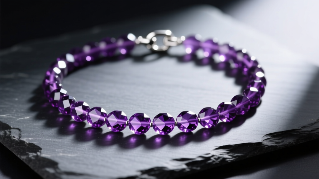 Faceted 8mm amethyst bead necklace on dark slate showing deep purple hues, light refraction, and a silver clasp.