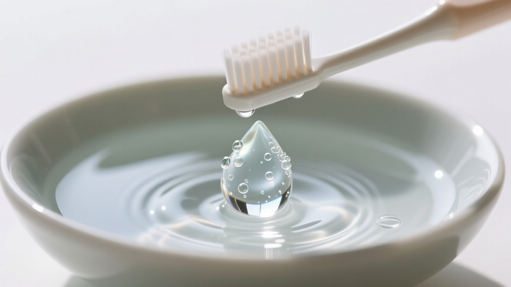 Small soft-bristled toothbrush gently scrubbing a clear crystal teardrop bead submerged in a shallow bowl of mild soapy water