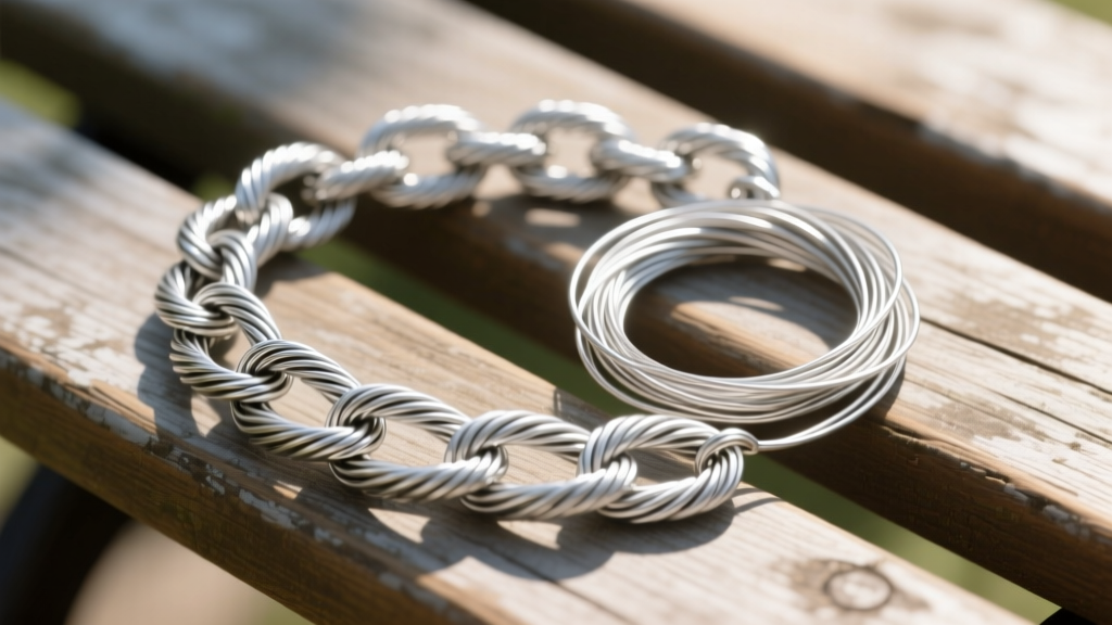 Macro view of 20-gauge silver wire-wrapped links beside thin 26-gauge links on a wooden bench, top-down angle in bright light.