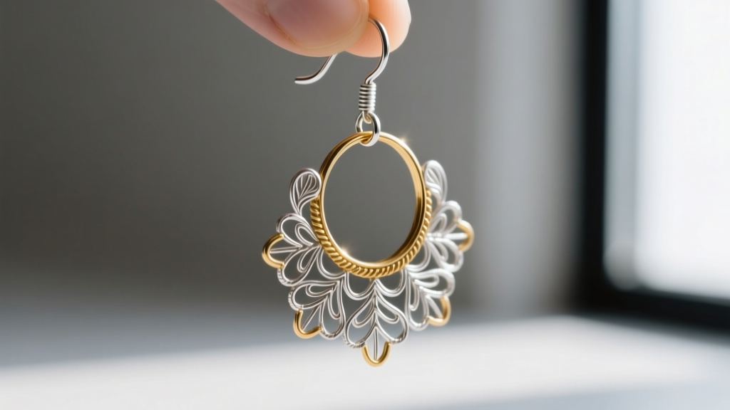 Macro shot of an 18-gauge silver French hook holding a hollow brass shoulder duster earring with delicate floral filigree detail