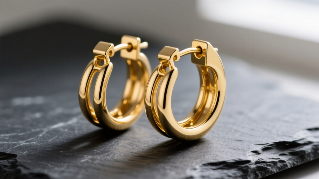 Macro shot of 14k yellow gold triple hoop earring on dark slate, highlighting hinged segment clasps and seamless metal joints