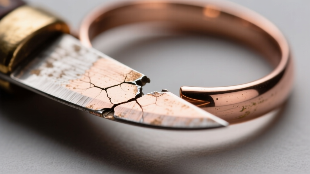 Loupe view of a worn knife-edge shank on a Victorian rose gold ring, revealing severe metal thinning near the gallery solder joint