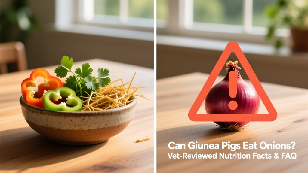 Side-by-side comparison: a bowl of safe guinea pig foods (bell pepper, cilantro, timothy hay) versus a red onion with a warning icon
