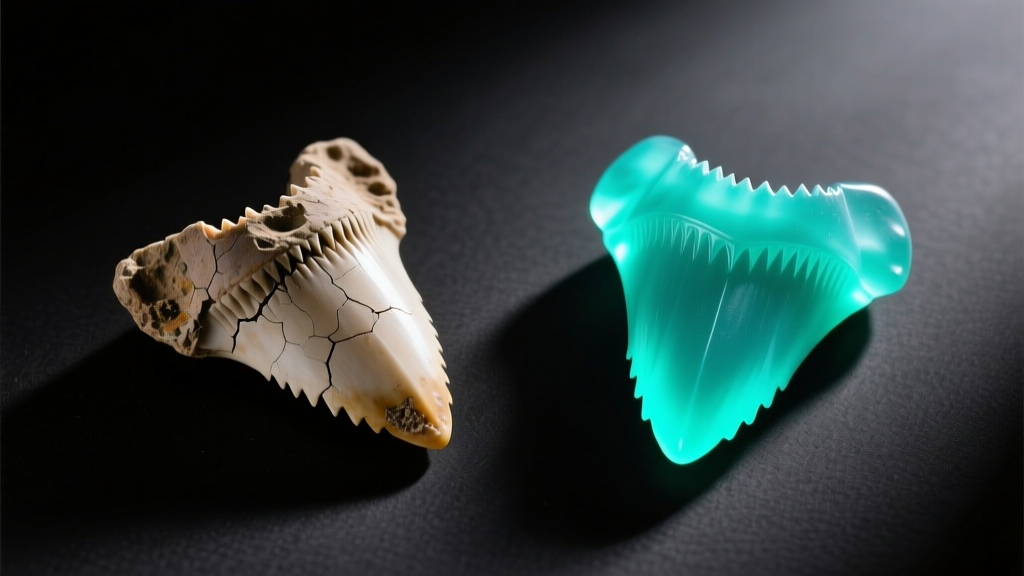 Side-by-side comparison under UV light showing a genuine dull fossil shark tooth next to a glowing synthetic resin replica cast