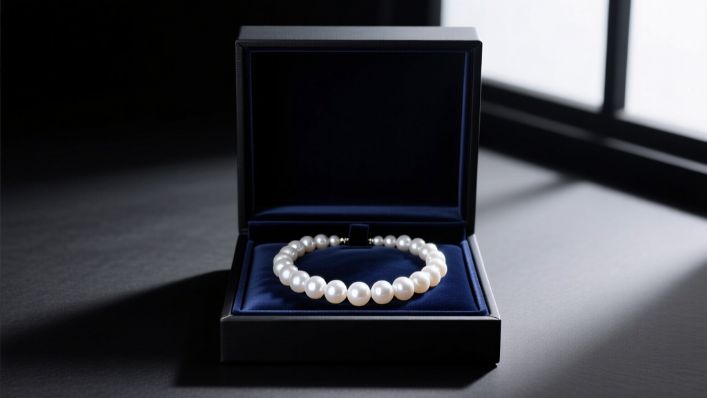 Open black box revealing a white freshwater pearl necklace on dark velvet, soft studio lighting highlighting the round luster