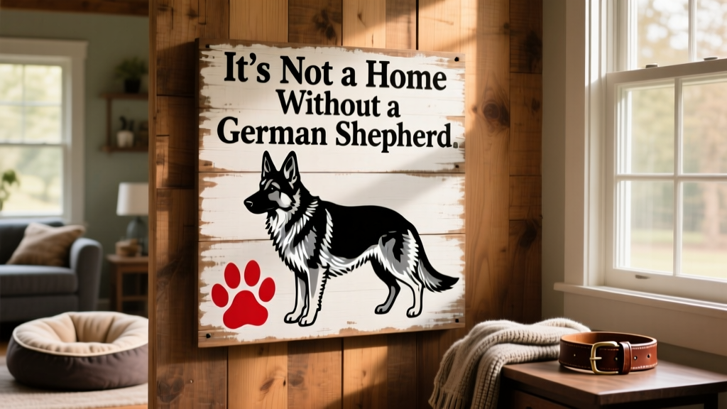 Wooden wall sign reading 'It’s Not a Home Without a German Shepherd' with a red paw print and stylized German Shepherd illustration