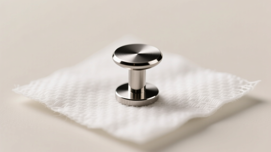 Macro shot of a polished titanium flat back labret stud resting on sterile gauze under soft, bright clinical lighting